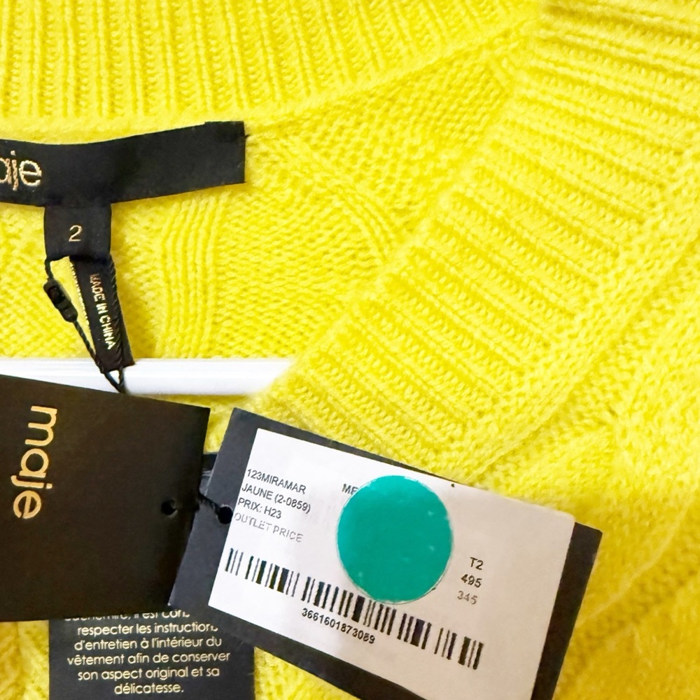 NWT MAJE Miramar Yellow Cable Knit V-Neck Pullover Cashmere Blend Sweater Medium - Picture 11 of 11